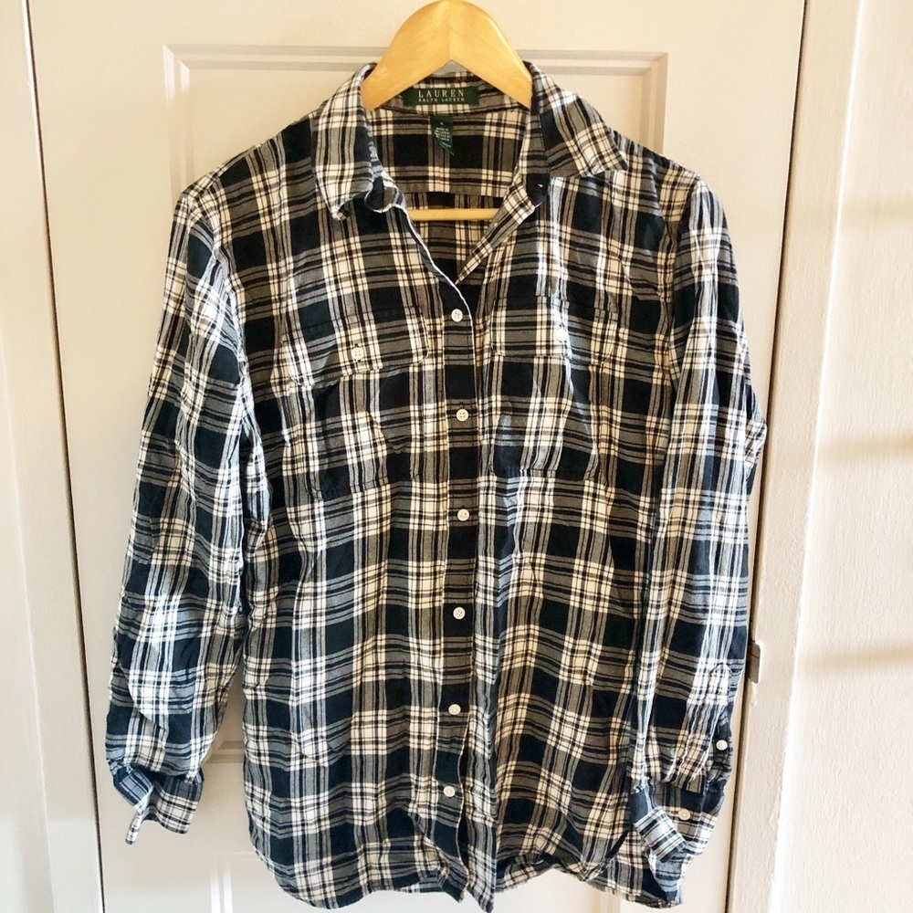 Ralph Lauren Plaid Flannel‎ Black White Button Down Shirt